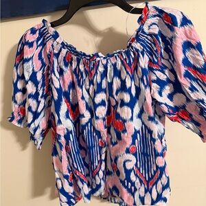 crown & ivy Blue, Pink and Red Off-Shoulder Puff Sleeve Blouse